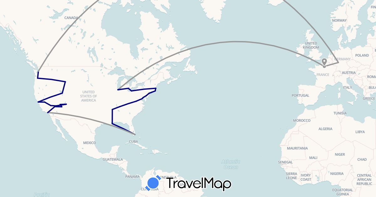 TravelMap itinerary: driving, plane in Germany, France, United States (Europe, North America)